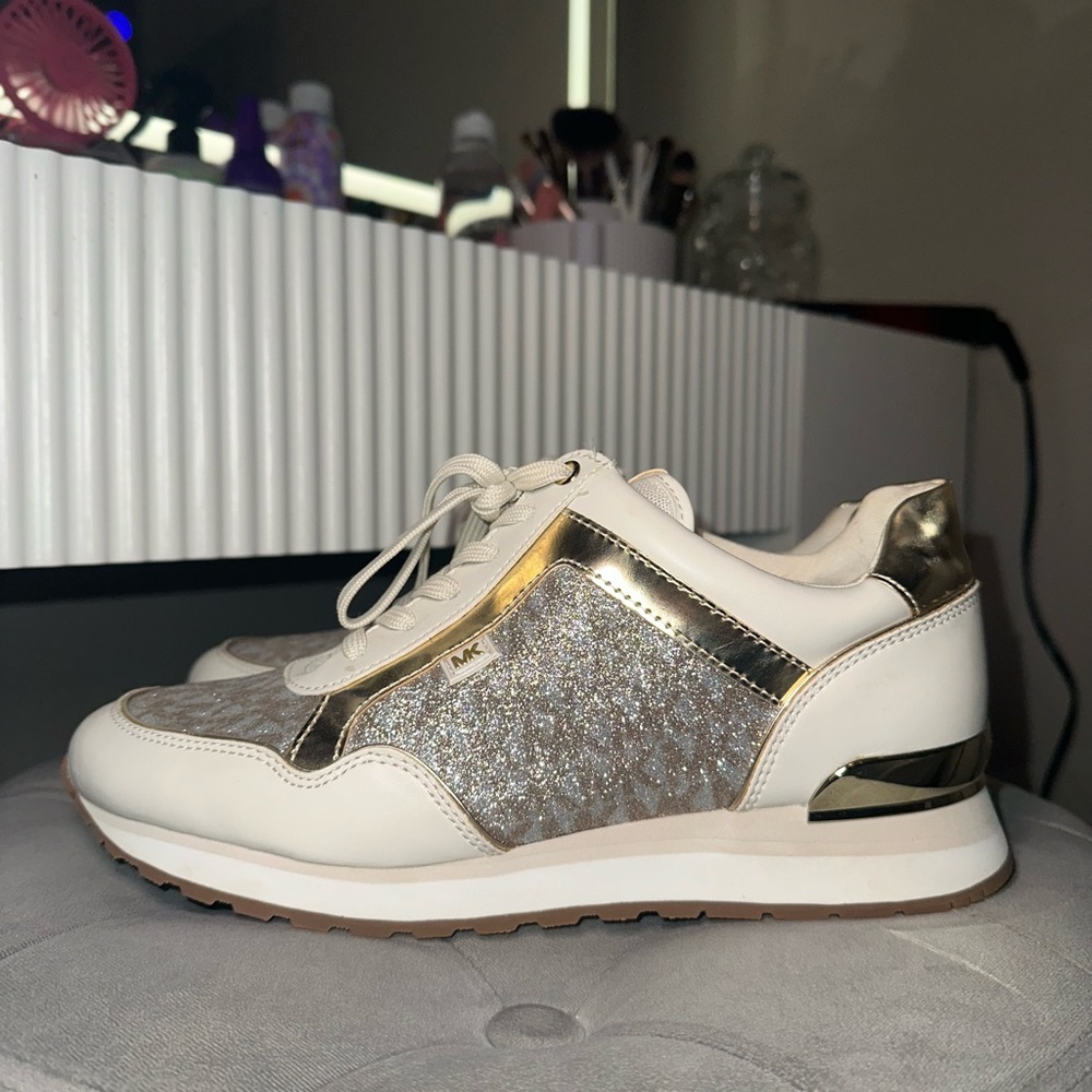 Michael Kors White and Gold Glitter Sneakers - Picture 1 of 3